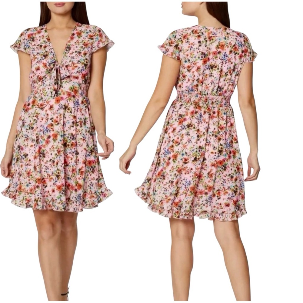 NWT BCBG GENERATION PINK MULTICOLOR FLORAL PRINT RUFFLE MINIDRESS SIZE 12